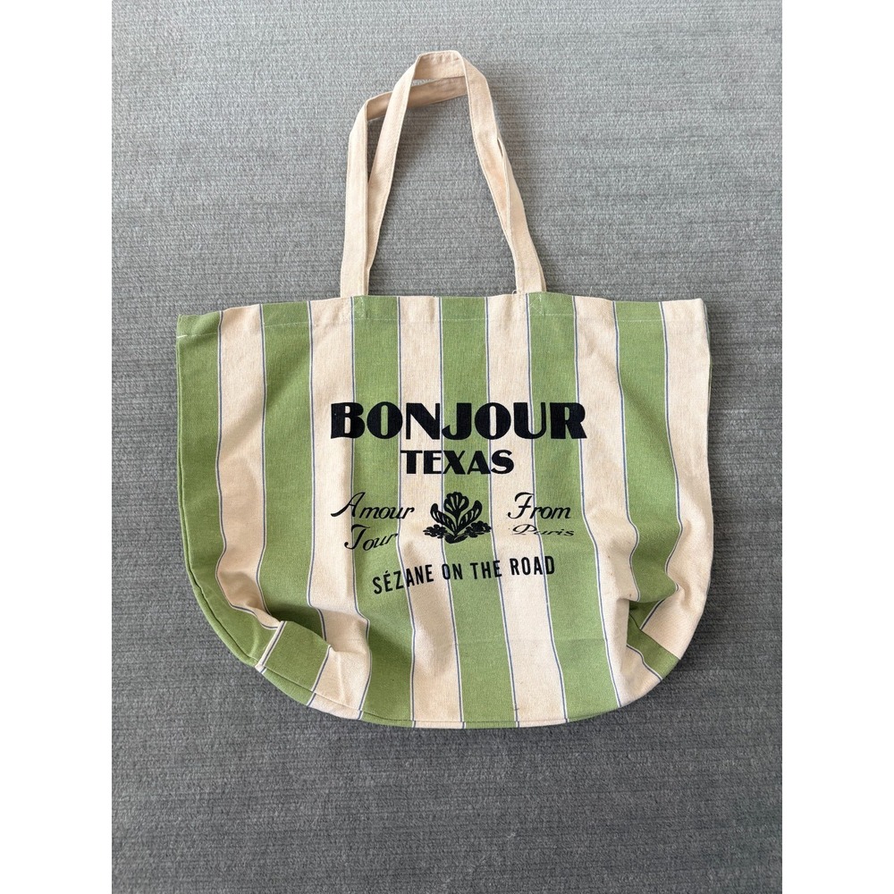 Sézane Bonjour Texas Amour Tour From Paris Tote Bag Stripe Green/Cream Cotton